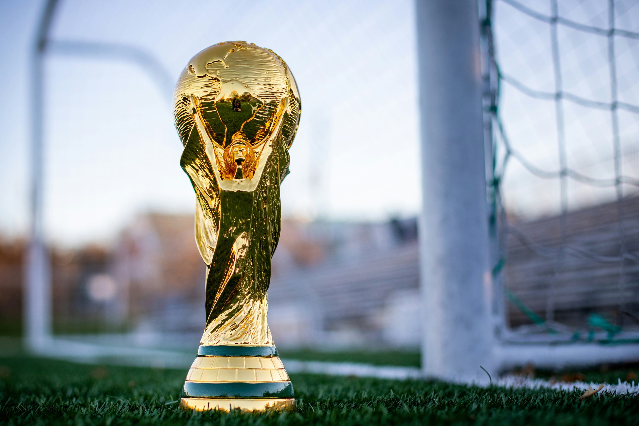 international football trophy sitting on soccer field near the goals